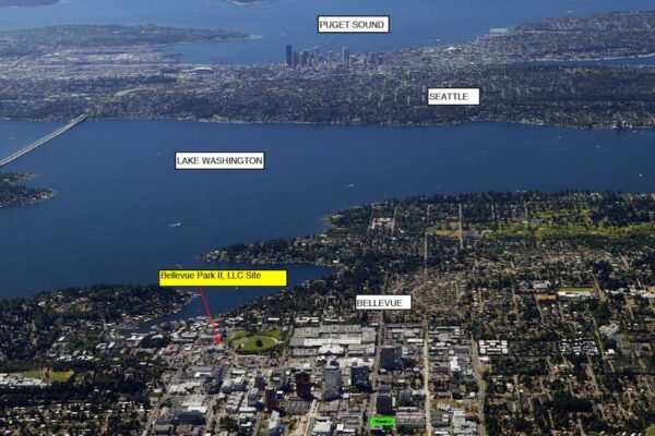 Aerial view of location of Bellevue Park apartments, in relation to Lake Washington, Seattle, etc